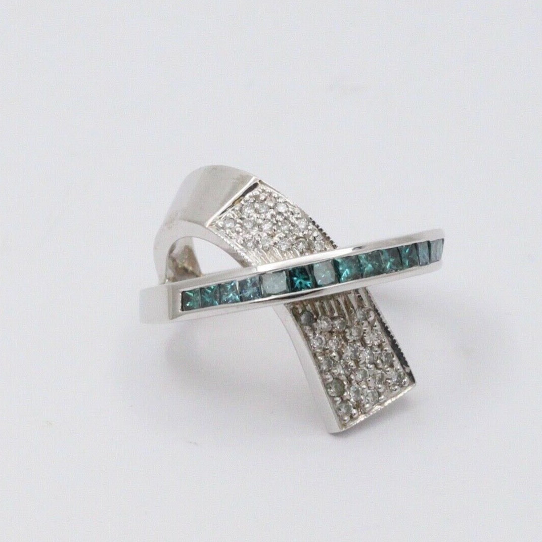 Cool Unisex Geometric Diamonds White Blue Diamonds 14K White Gold Ring