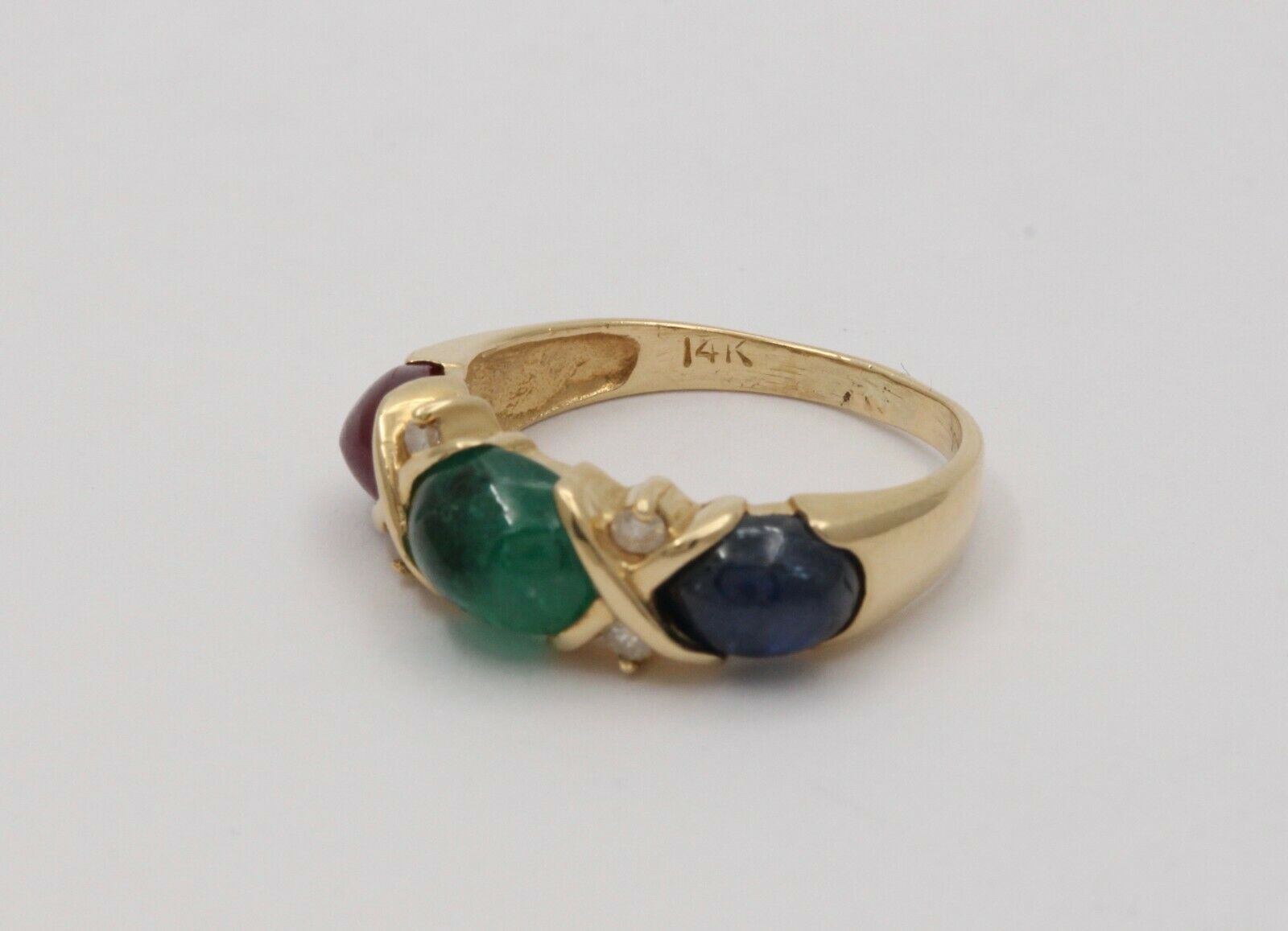 Vintage Three Stones Cabochon Emerald, Ruby And Sapphire 14K Yellow Gold Ring