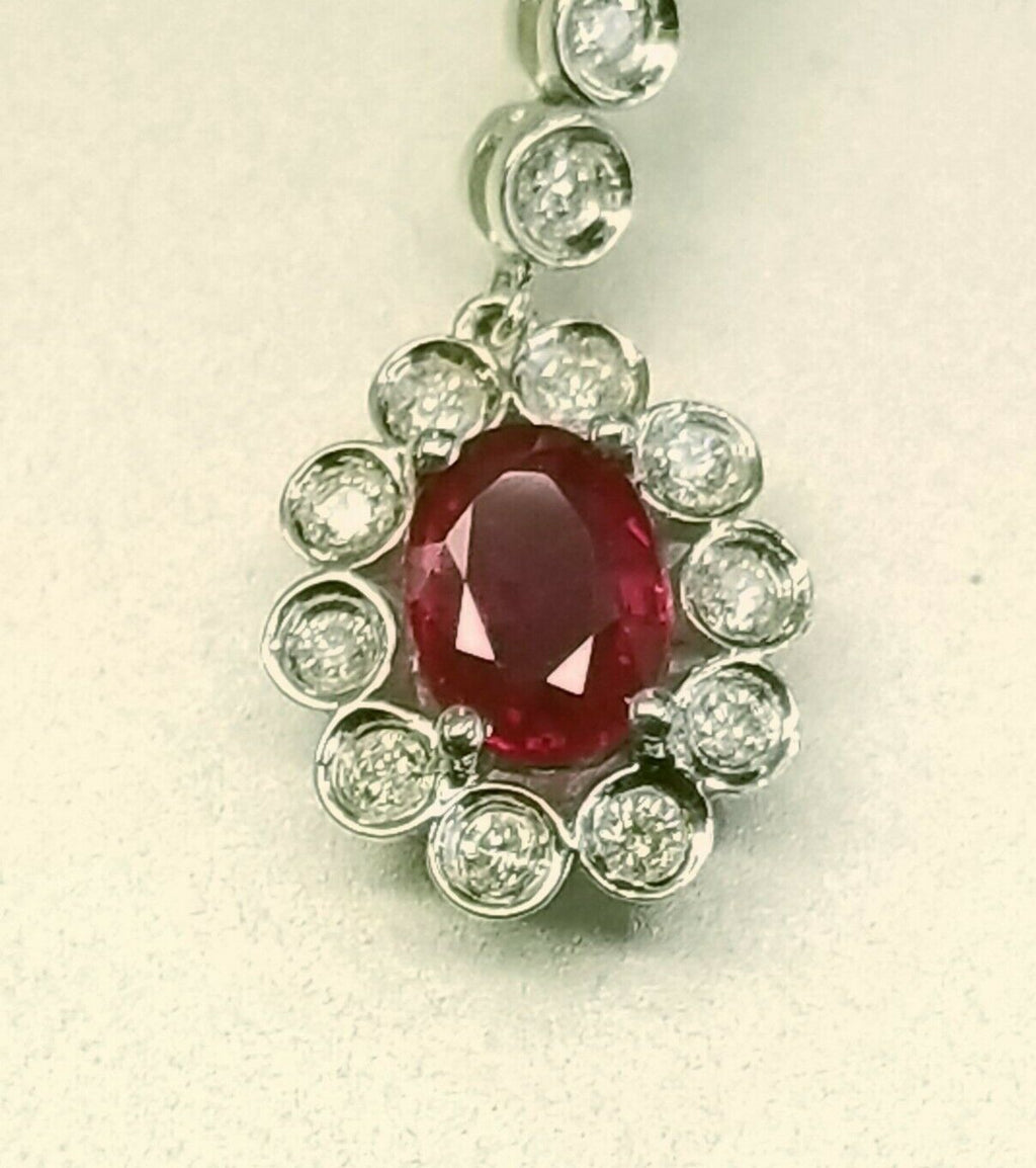 Vintage Ladies Oval Ruby Diamonds 18K White Gold Necklace