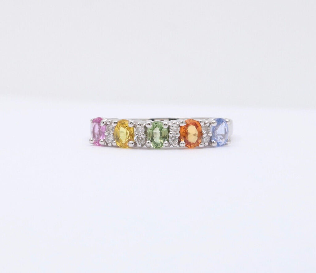 Fun 14K White Gold Multi Color Sapphire And Diamond Ring Band