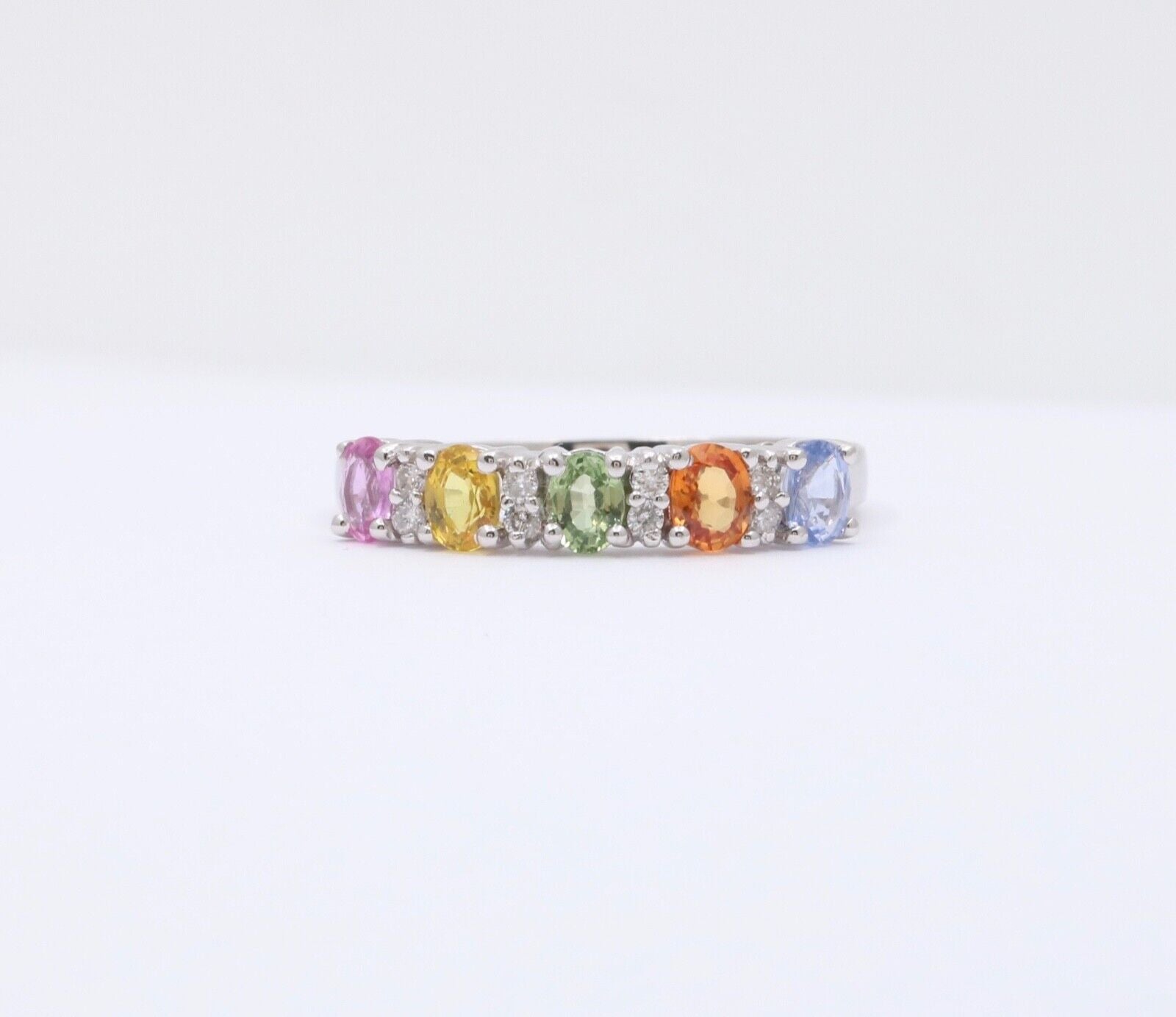 Fun 14K White Gold Multi Color Sapphire And Diamond Ring Band