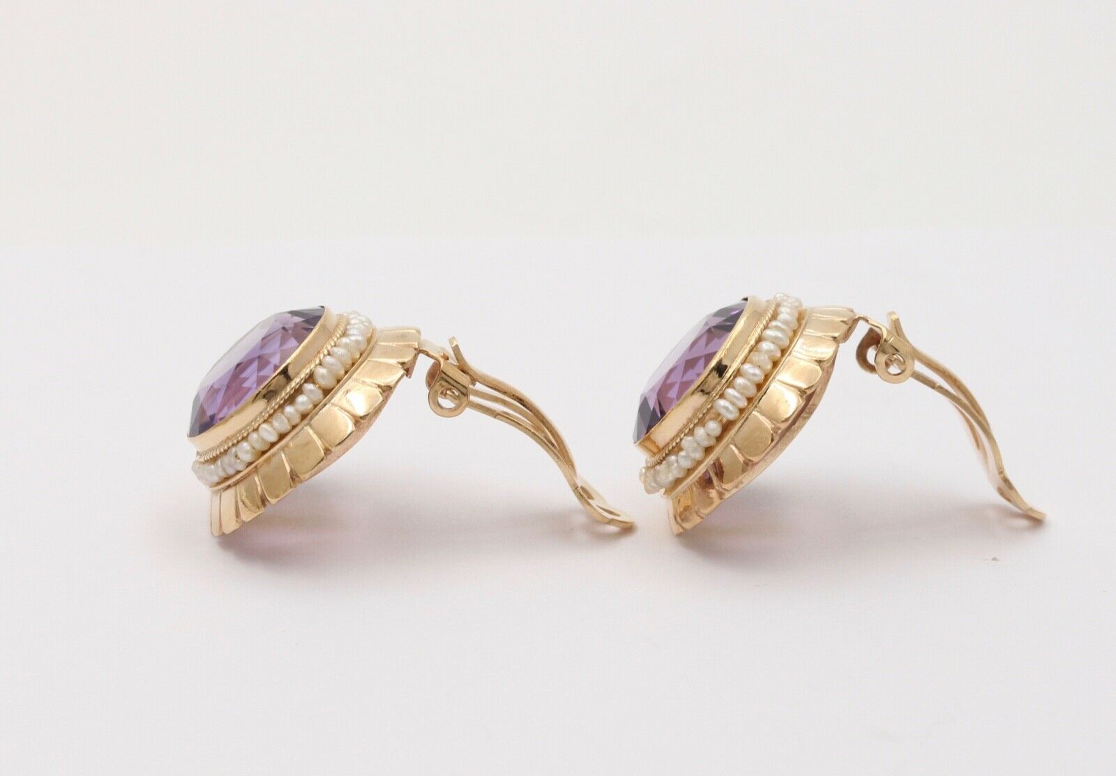 Vintage Round Cut Amethyst Beaded Seed Pearl Halo Button Clip Earrings