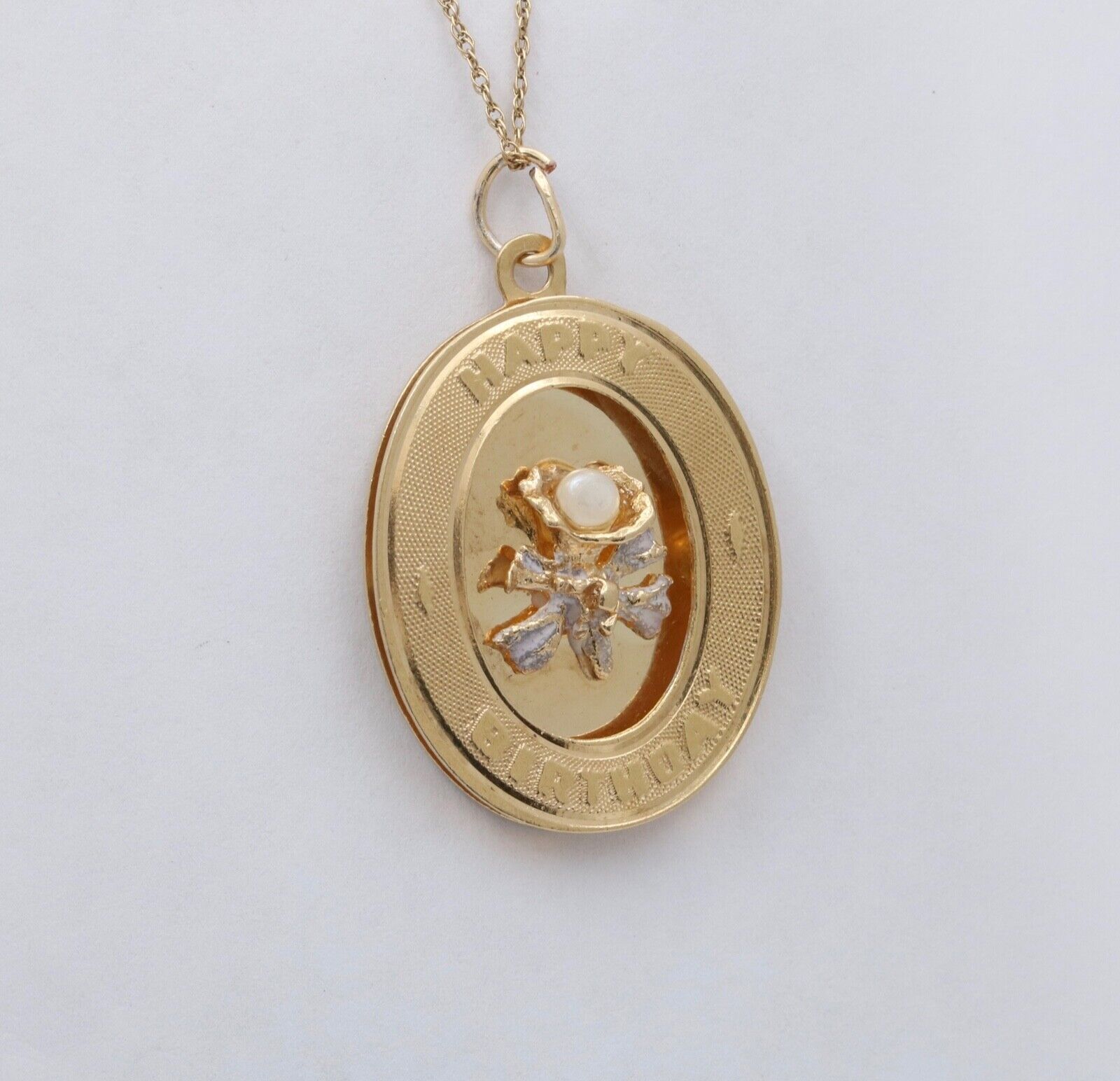Vintage 14K Gold Pearl “ Happy Birthday” Flower Bouquet Charm Pendant