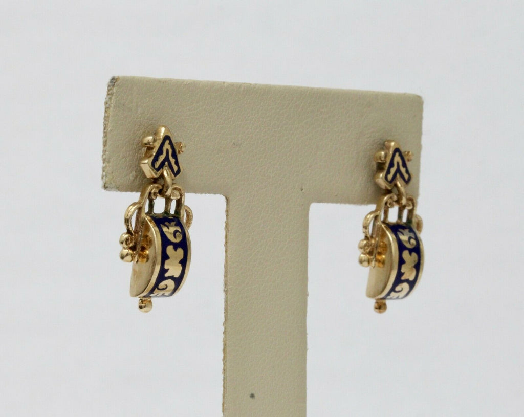 Vintage 14K Yellow Gold Blue Enamel Hanging Earrings