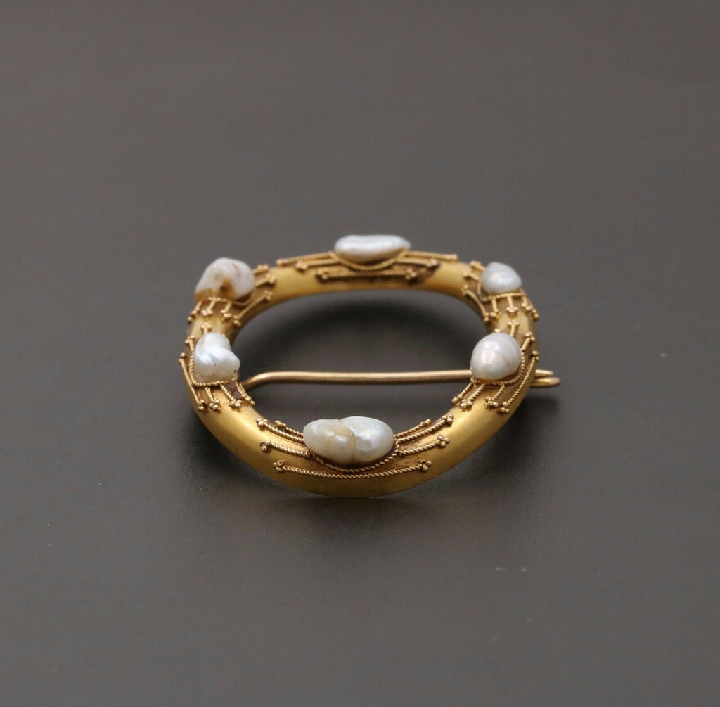 Victorian Etruscan Revival 14K Yellow Gold Baroque Pearl Oval Brooch Pin