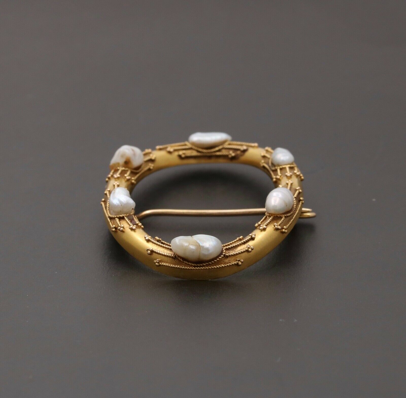 Victorian Etruscan Revival 14K Yellow Gold Baroque Pearl Oval Brooch Pin