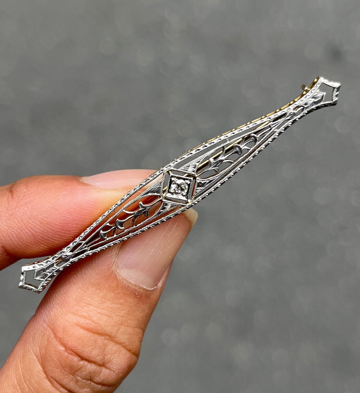 Art Deco Antique 14K Gold Diamond Filigree Bar Pin