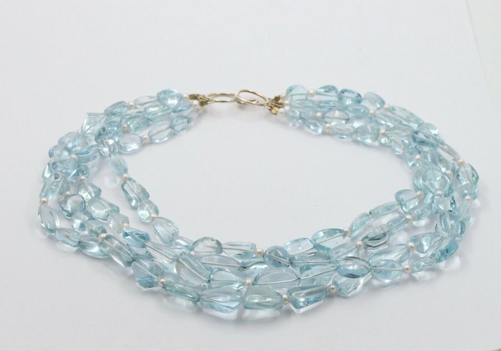 Vintage Sterling Silver Aquamarine Bead Pearl Quadruple Strand Necklace