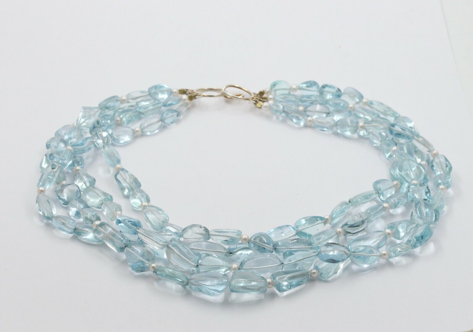 Vintage Sterling Silver Aquamarine Bead Pearl Quadruple Strand Necklace
