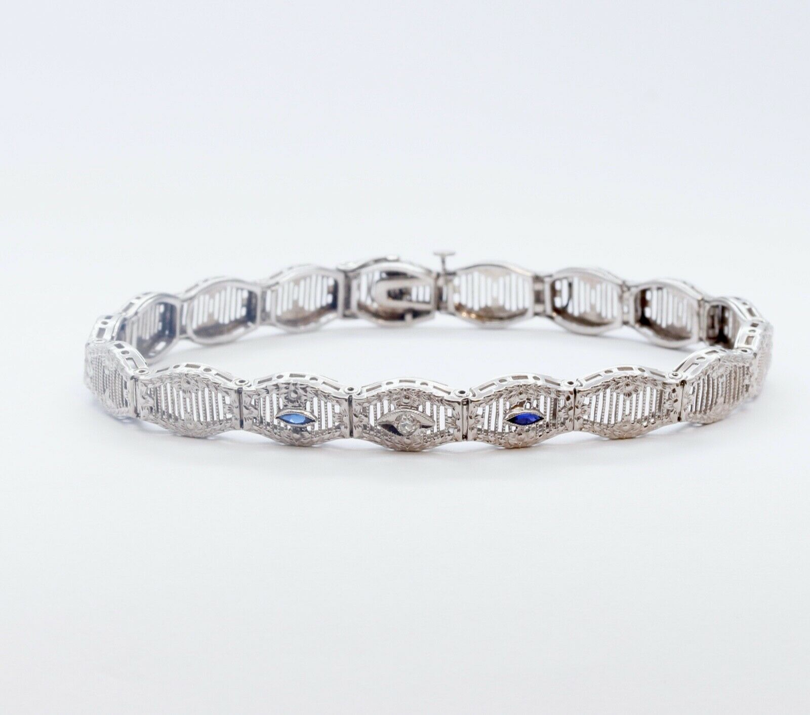 Art Deco Ladies 14K White Gold Diamond Sapphires Bracelet