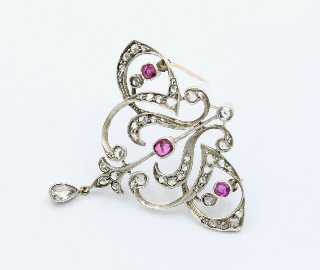 Edwardian 18K & Silver Diamond Ruby Brooch
