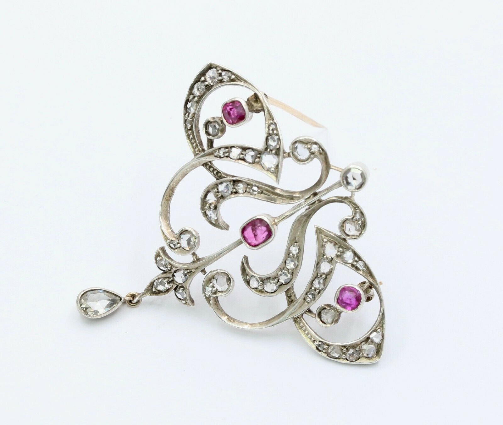 Edwardian 18K & Silver Diamond Ruby Brooch