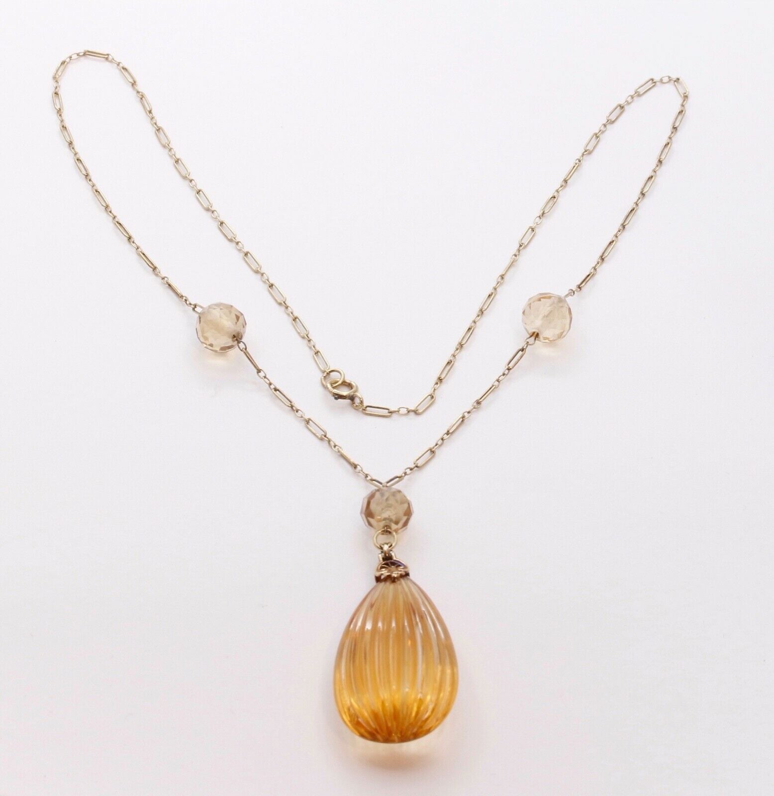 Edwardian Teardrop Citrine 14K Yellow Gold Pendant and Chain