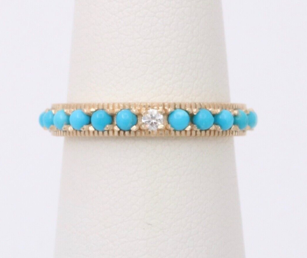 Vintage 14K Yellow Gold Turquoise & Diamond Eternity Band, Stacking Ring