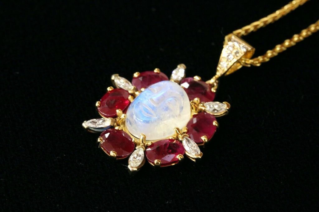 Vintage Man on the Moon Moonstone Rubies Diamonds Gold Over Silver Pendant