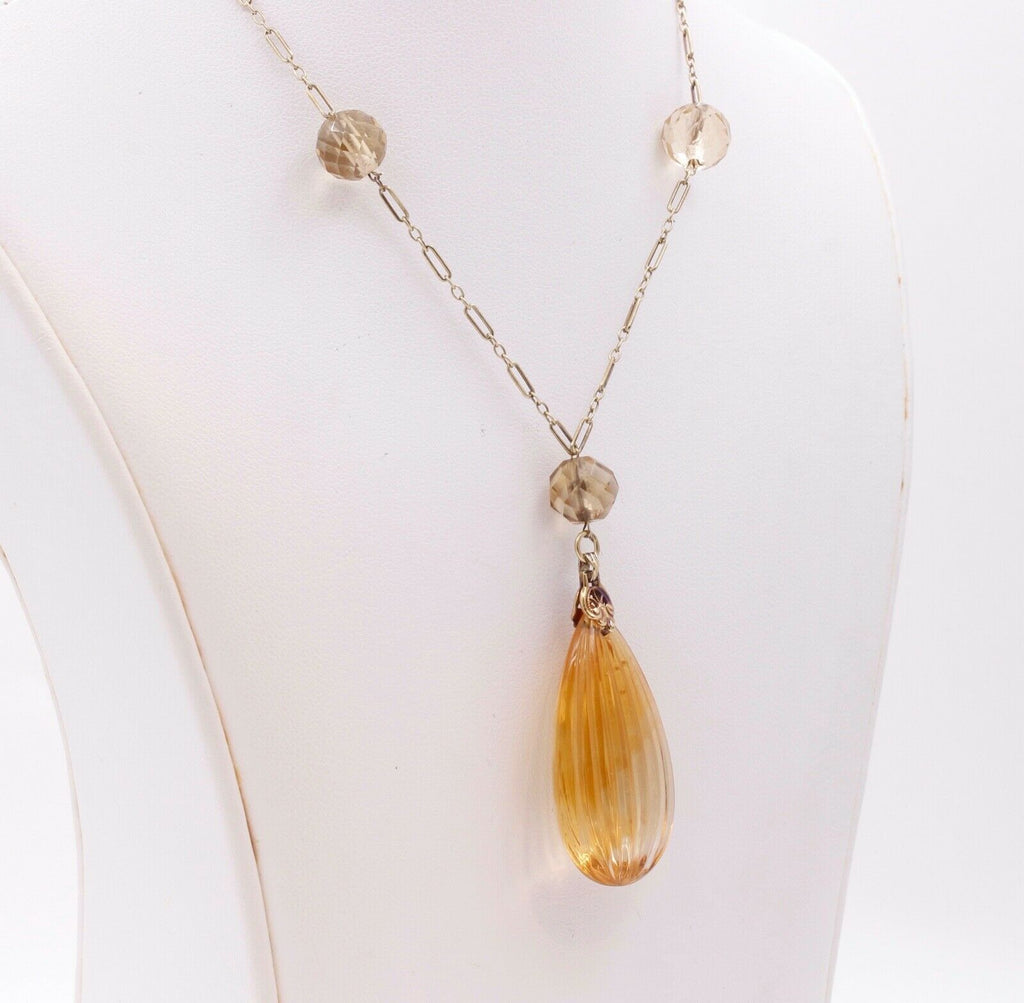 Edwardian Teardrop Citrine 14K Yellow Gold Pendant and Chain