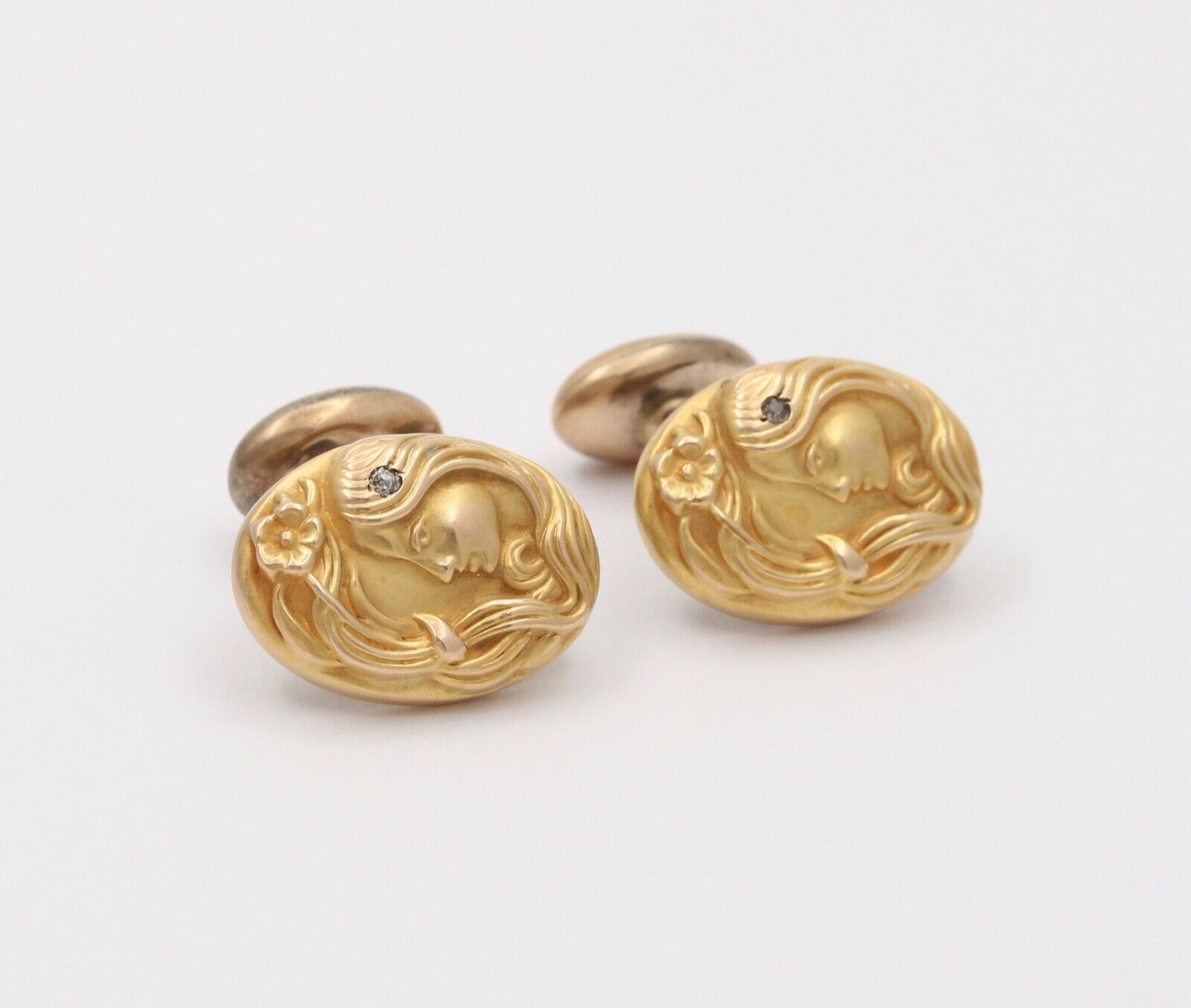 Art Nouveau Portrait Diamond 14K Yellow Gold Cufflinks