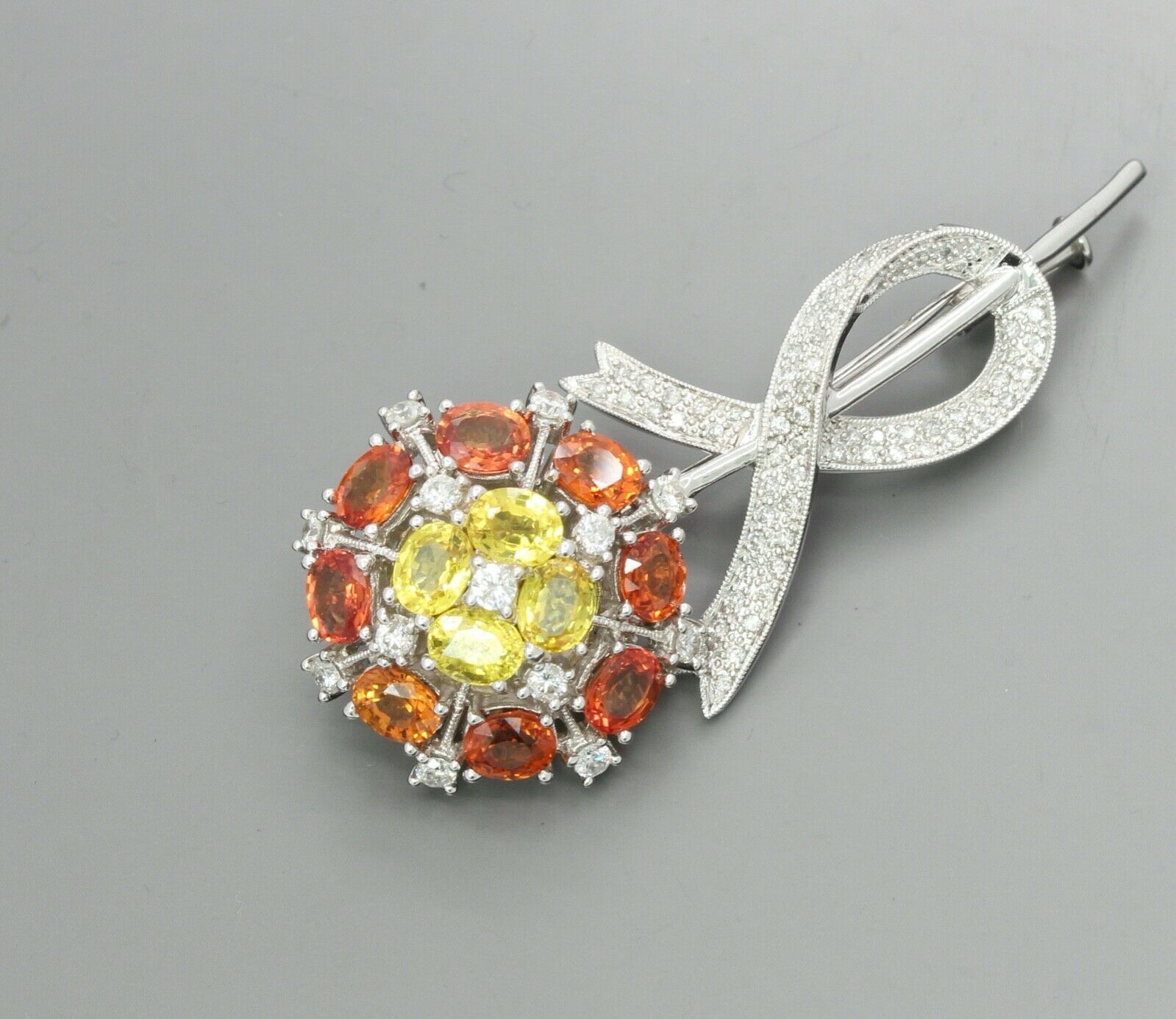Vintage 18K White Gold Yellow Orange Sapphires Diamonds Brooch Pin