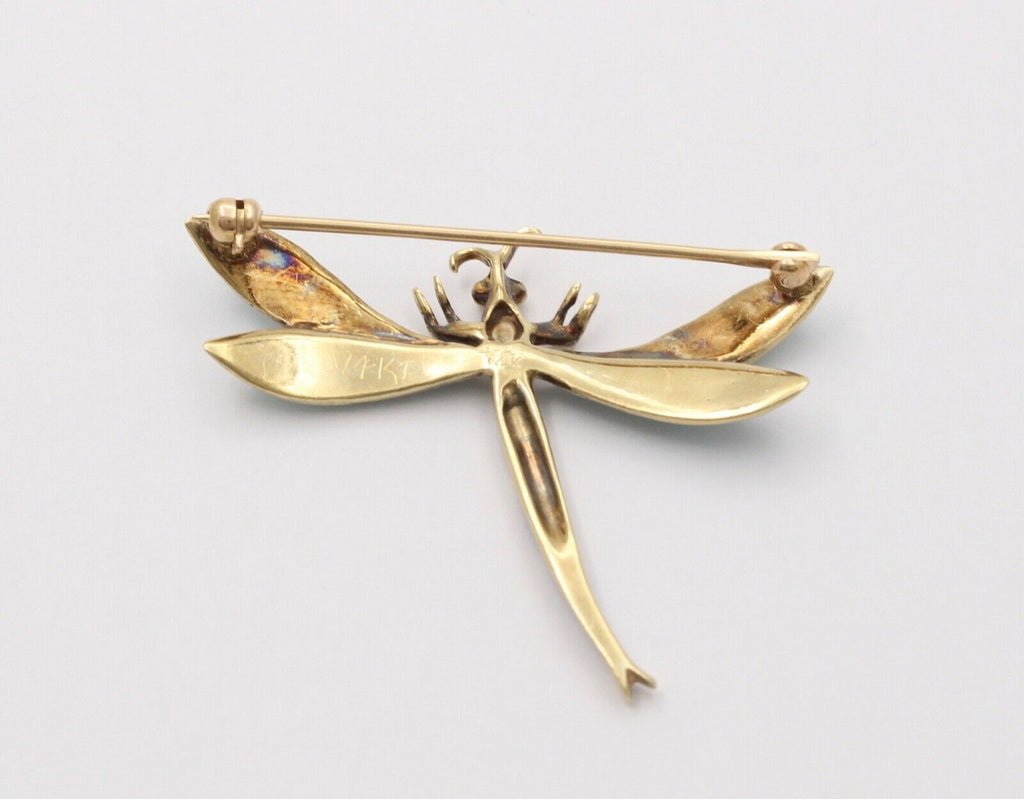 Vintage Estate 14K Gold Enamel Dragonfly Brooch, Pin.