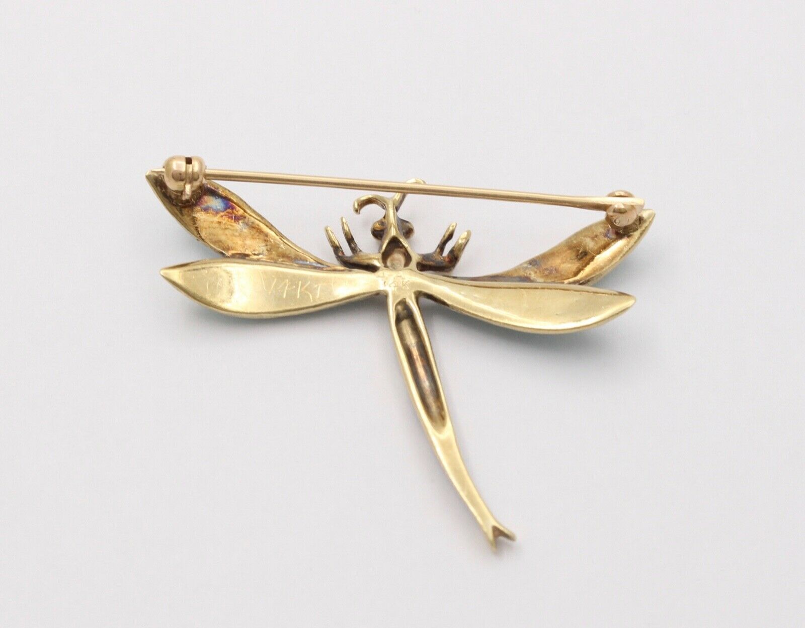 Vintage Estate 14K Gold Enamel Dragonfly Brooch, Pin.