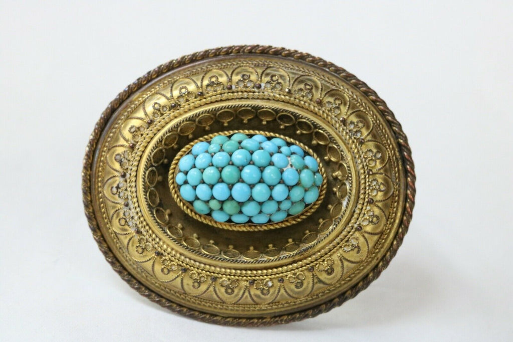 Victorian Etruscan Revival Momento More 9K Yellow Gold Turquoise Brooch Pin