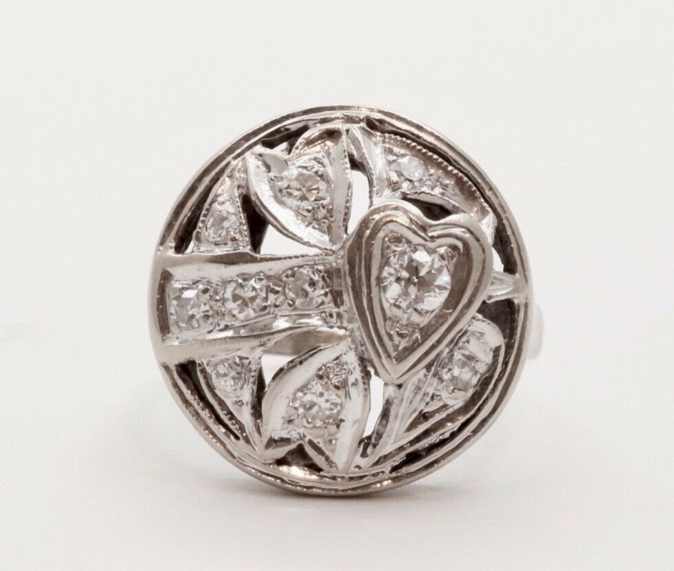 Art Deco Diamonds Hearts 14K White Gold Ring