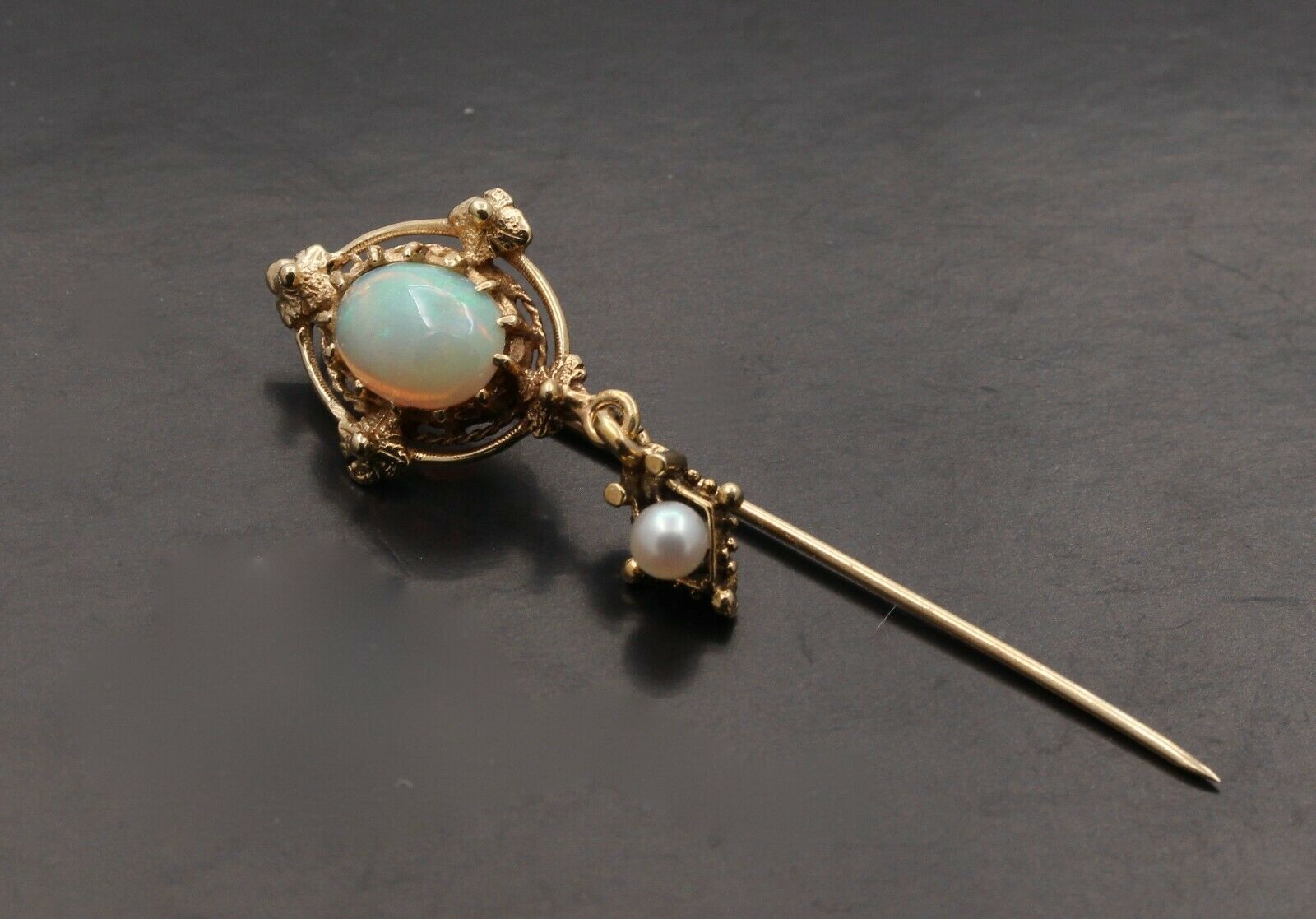 Vintage 14K Yellow Gold Opal Pearl Stick Pin