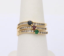 Load image into Gallery viewer, Vintage Trio Stacking Solitaire Emerald Sapphire Ruby 18K Yellow Gold Rings
