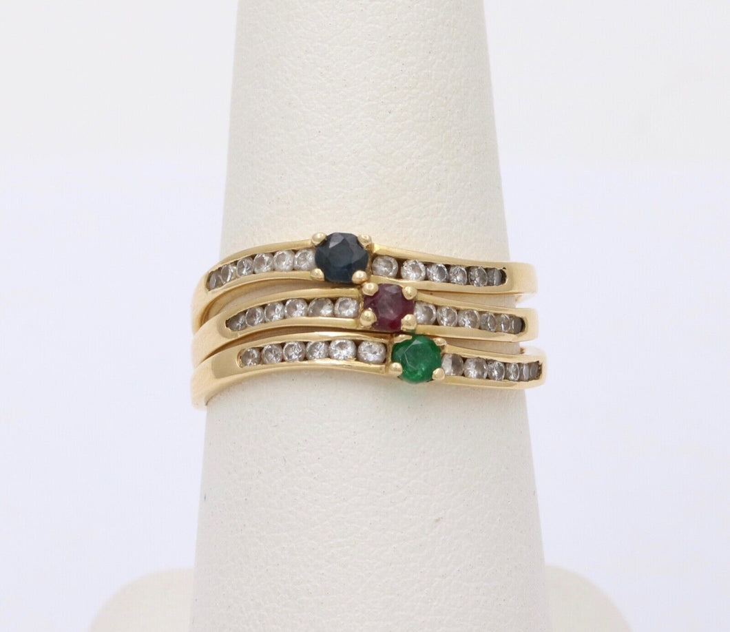 Vintage Trio Stacking Solitaire Emerald Sapphire Ruby 18K Yellow Gold Rings