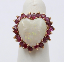 Load image into Gallery viewer, Vintage 14K Gold Heart Opal &amp; Ruby Halo Ring.
