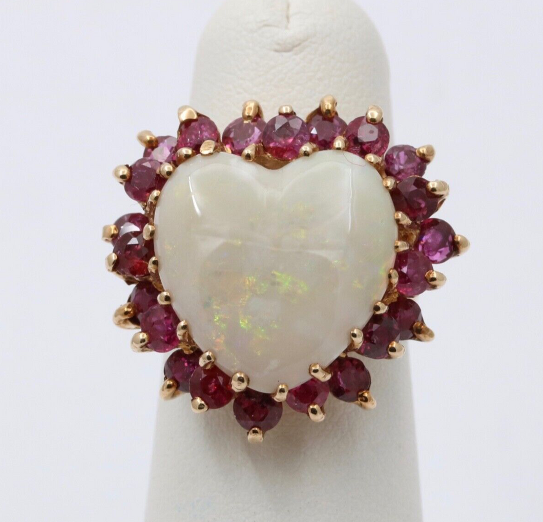 Vintage 14K Gold Heart Opal & Ruby Halo Ring.