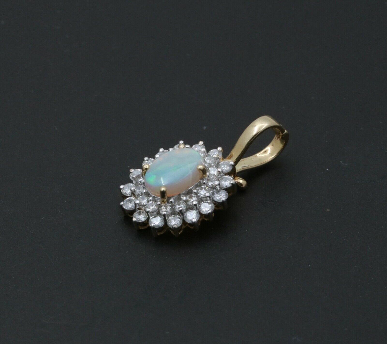 Vintage 14K Yellow Gold Australian Opal & Diamond Halo Pendant, Necklace.