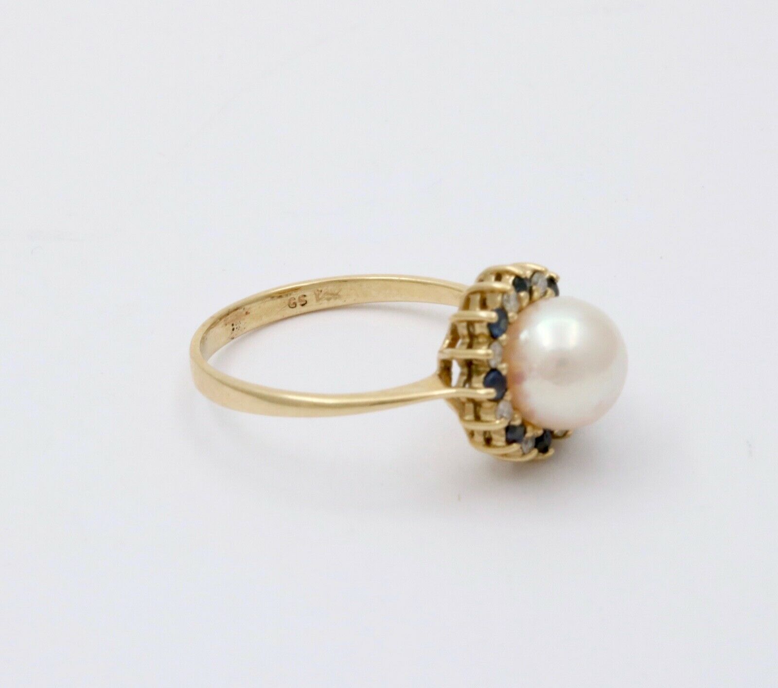 Vintage Pearl Sapphires Diamonds Cluster 14K Yellow Gold Ring