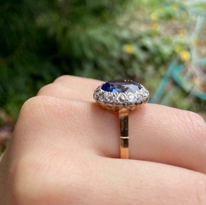 Victorian 18K Yellow Gold Rose Cut Diamond Sapphire Cocktail Ring