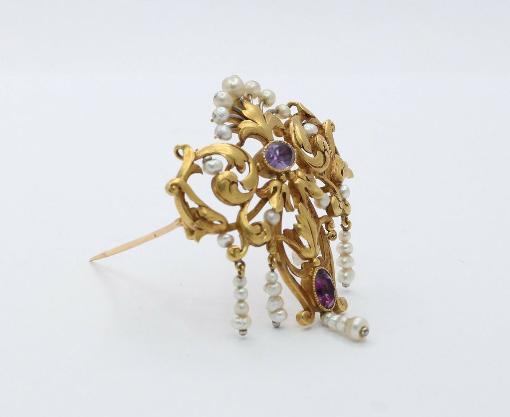 French Victorian 18K Yellow Gold Floral Amethyst Pearl Brooch