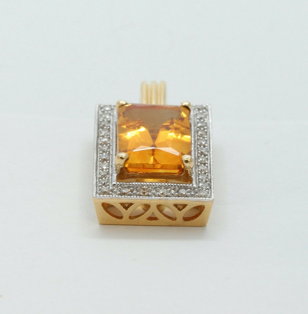 Vintage Emerald Cut Citrine Diamonds 14K Yellow Gold Pendant
