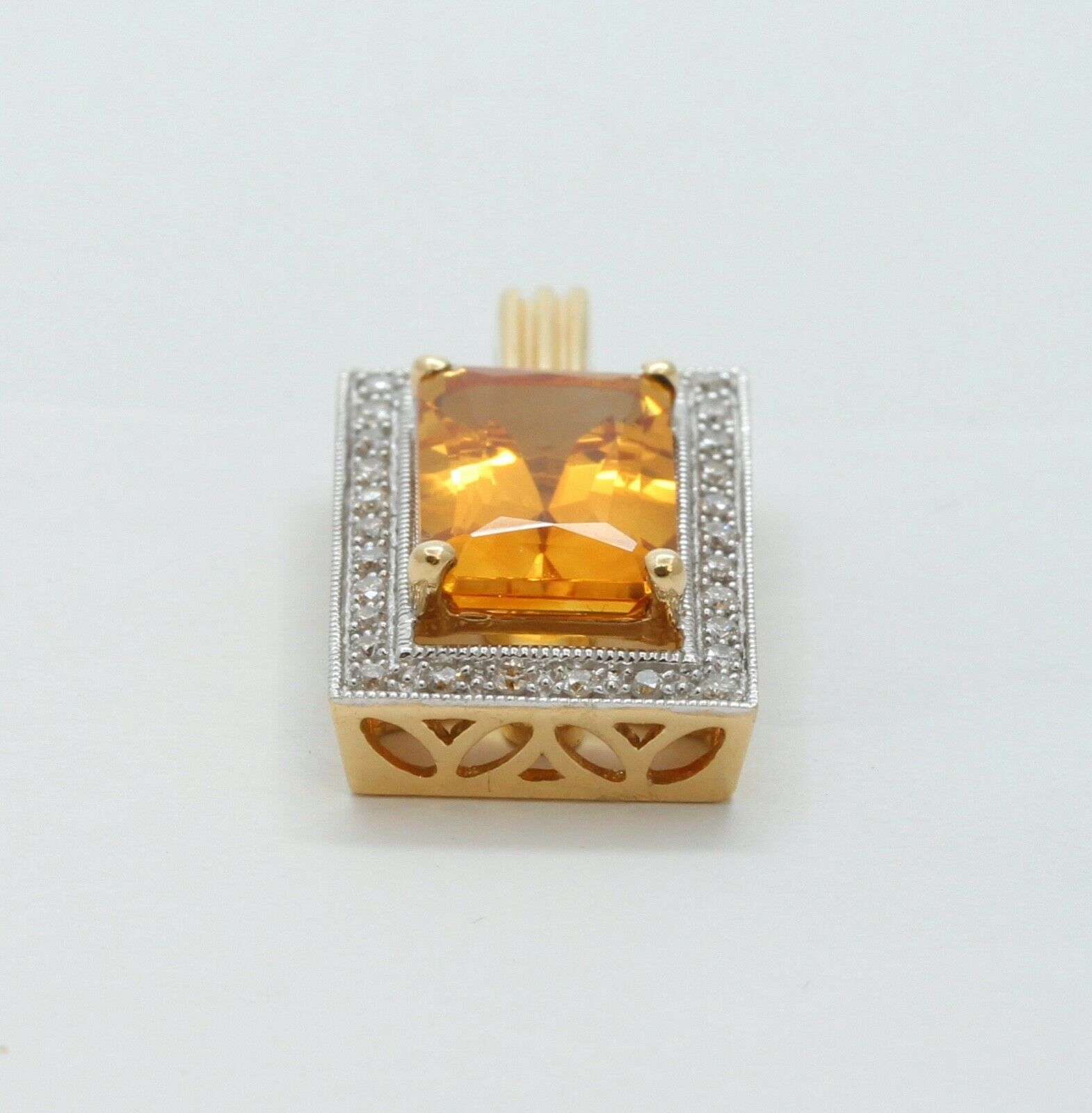 Vintage Emerald Cut Citrine Diamonds 14K Yellow Gold Pendant