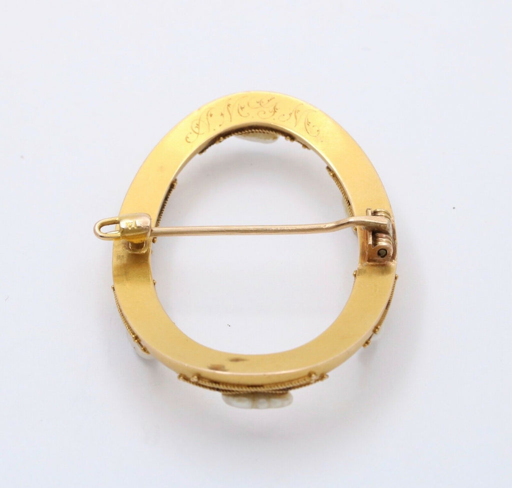 Victorian Etruscan Revival 14K Yellow Gold Baroque Pearl Oval Brooch Pin