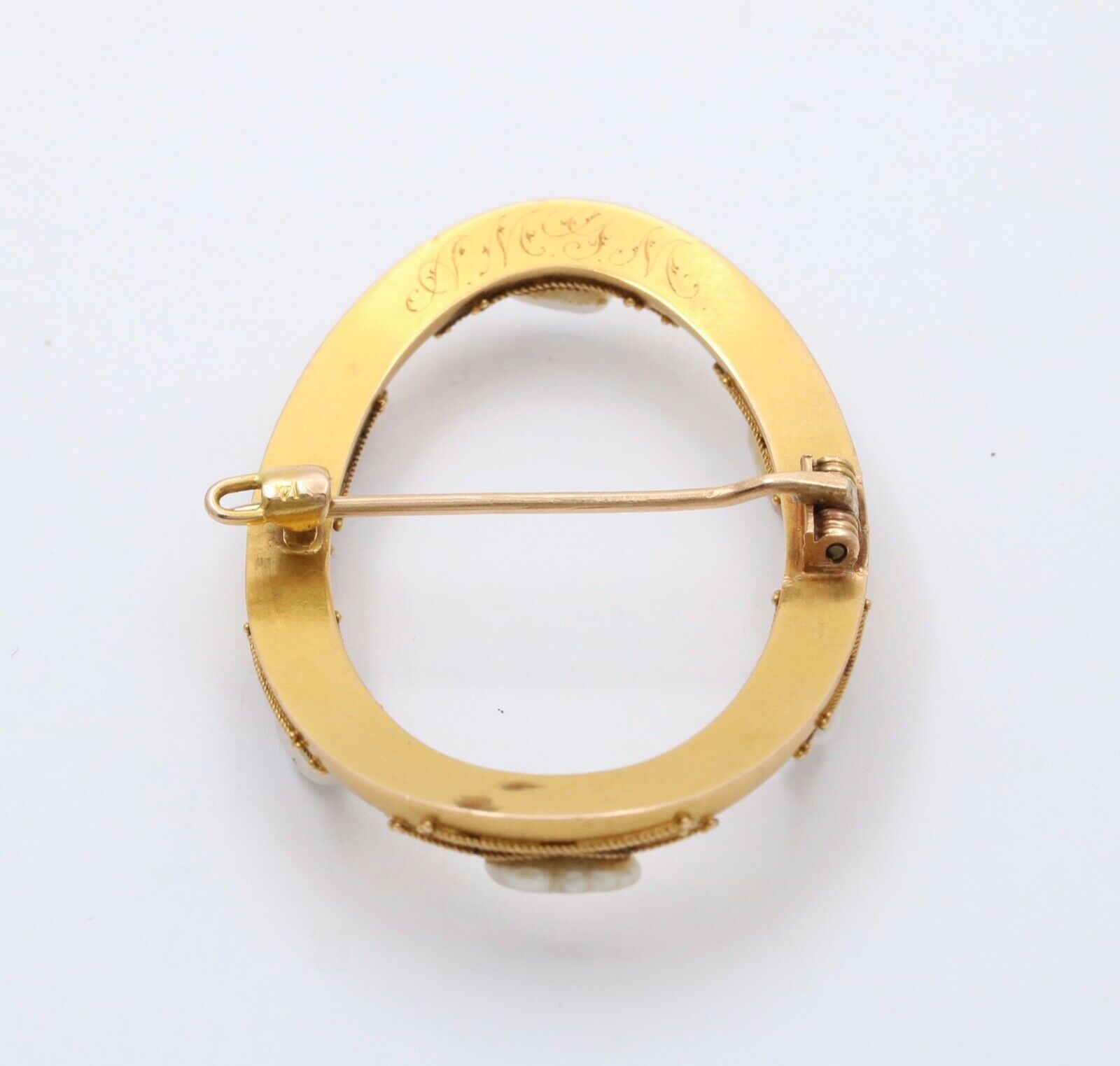 Victorian Etruscan Revival 14K Yellow Gold Baroque Pearl Oval Brooch Pin