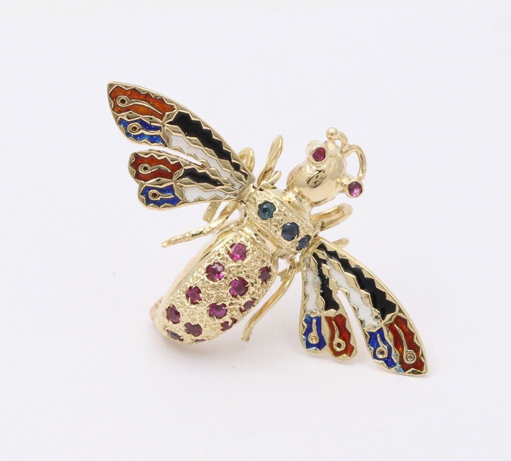 Vintage Movable Honey Bee Sapphires Rubies Enamel 14K Yellow Gold Brooch Pendant