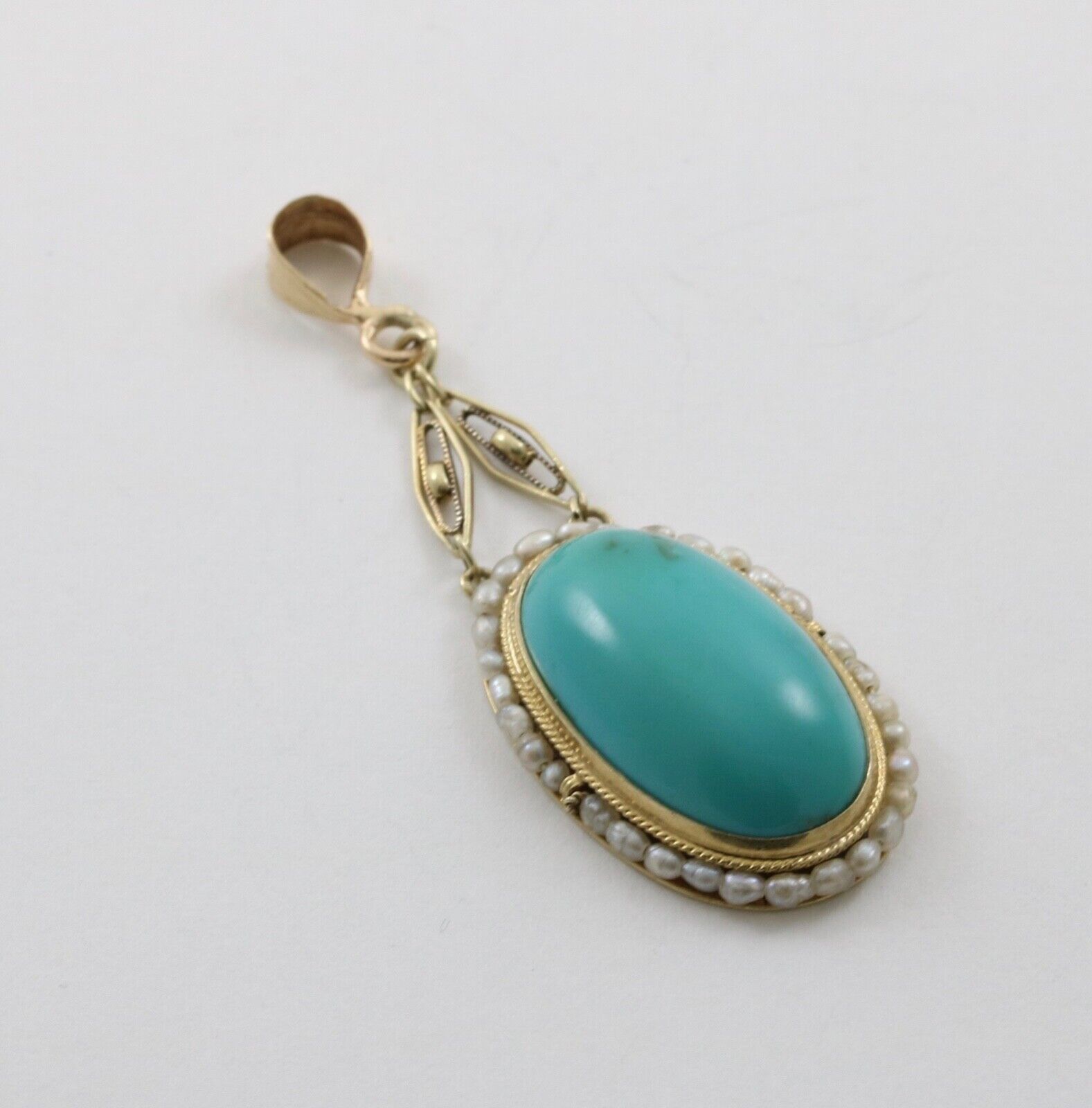 Antique 14K Yellow Gold Turquoise Pearl Seed Halo Pendant
