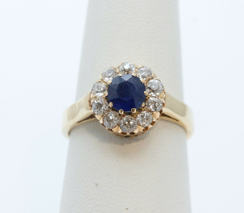 Beautiful Victorian Blue Sapphire Old Miner Cut Diamonds 18K Yellow Gold Ring