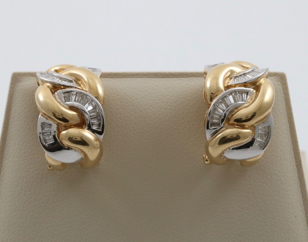 Vintage 14k Gold Diamond Curb Link Huggie Earrings.