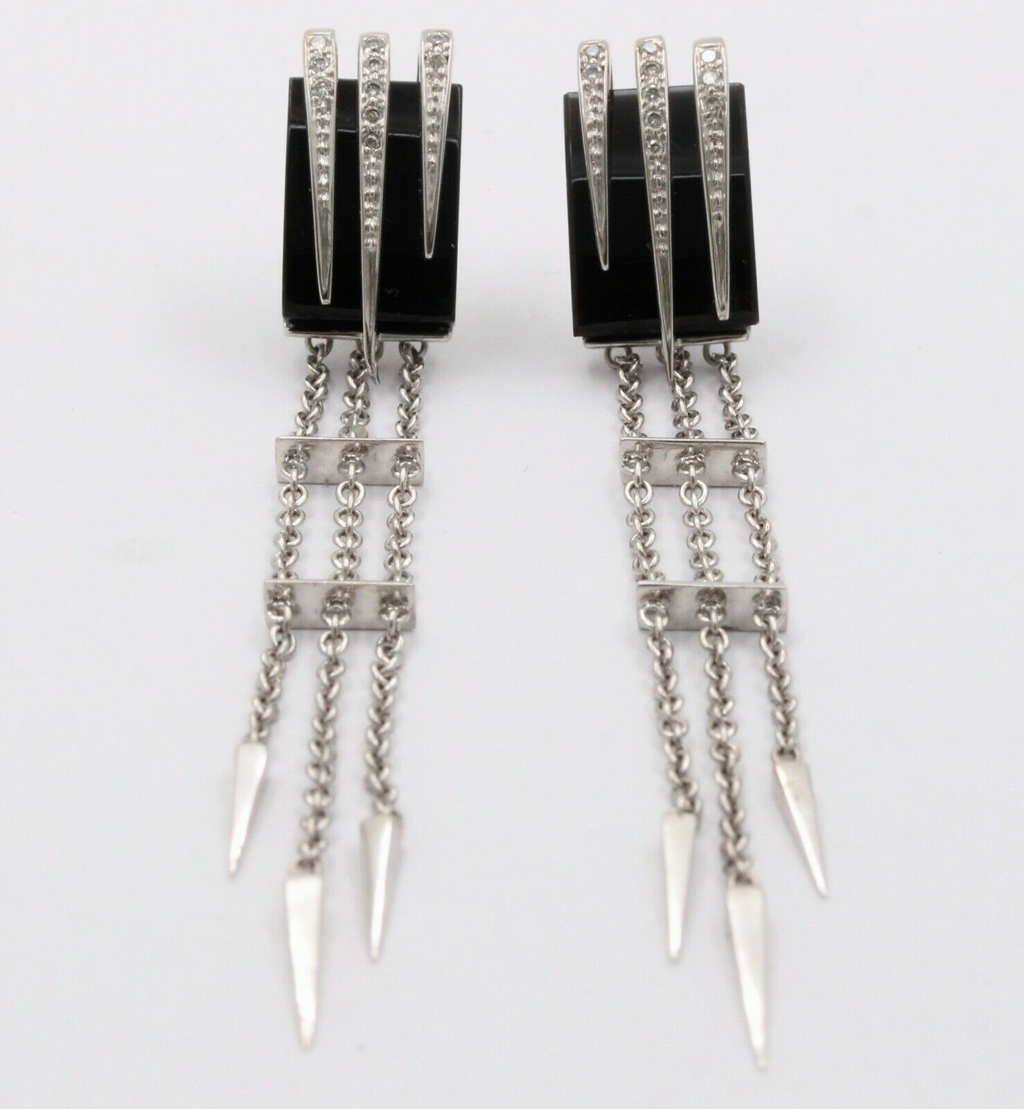 Vintage 14K White Gold Chandelier Onyx Diamond Earrings