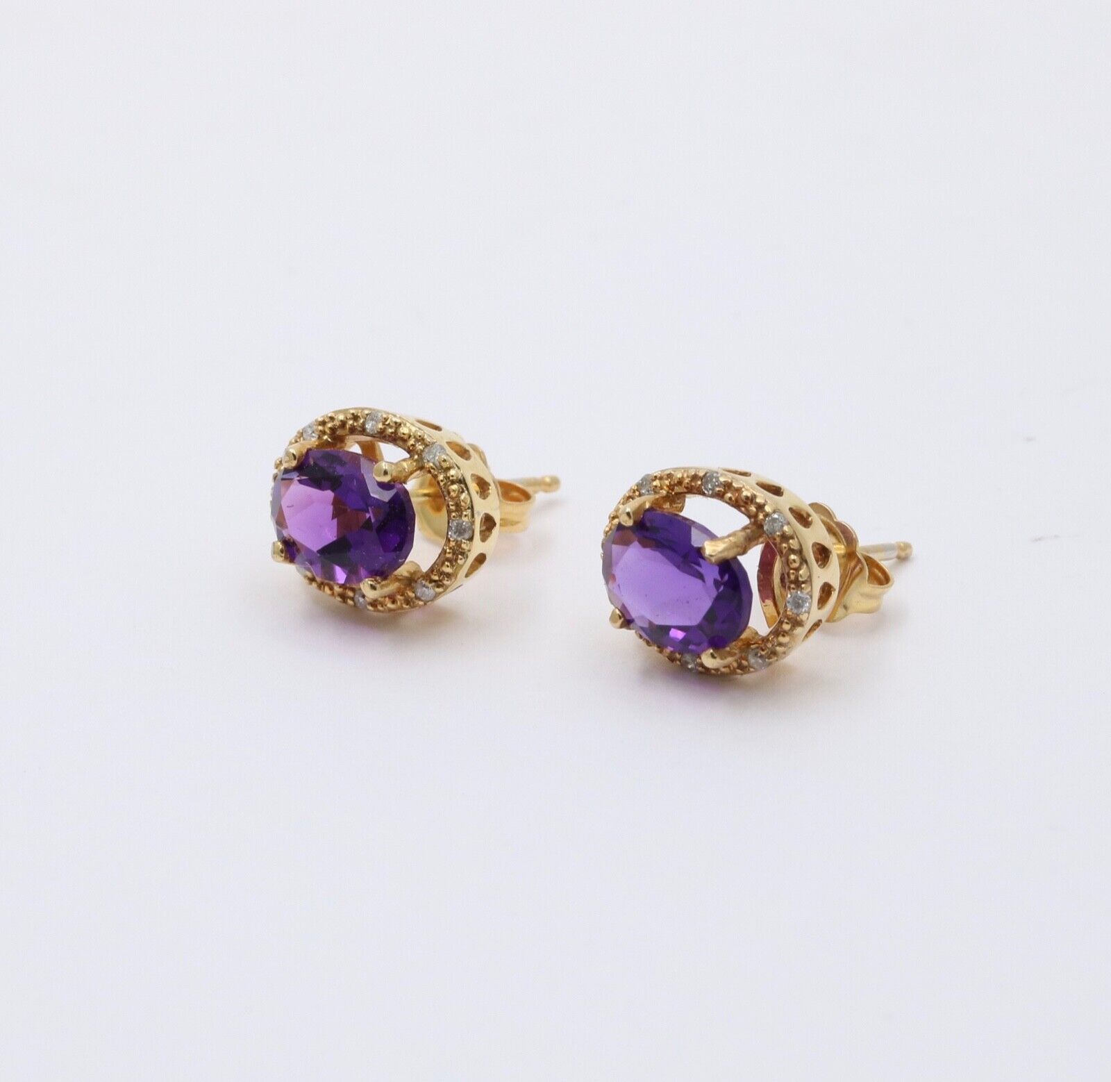 Vintage Amethyst Diamond 14K Yellow Gold Earrings Studs