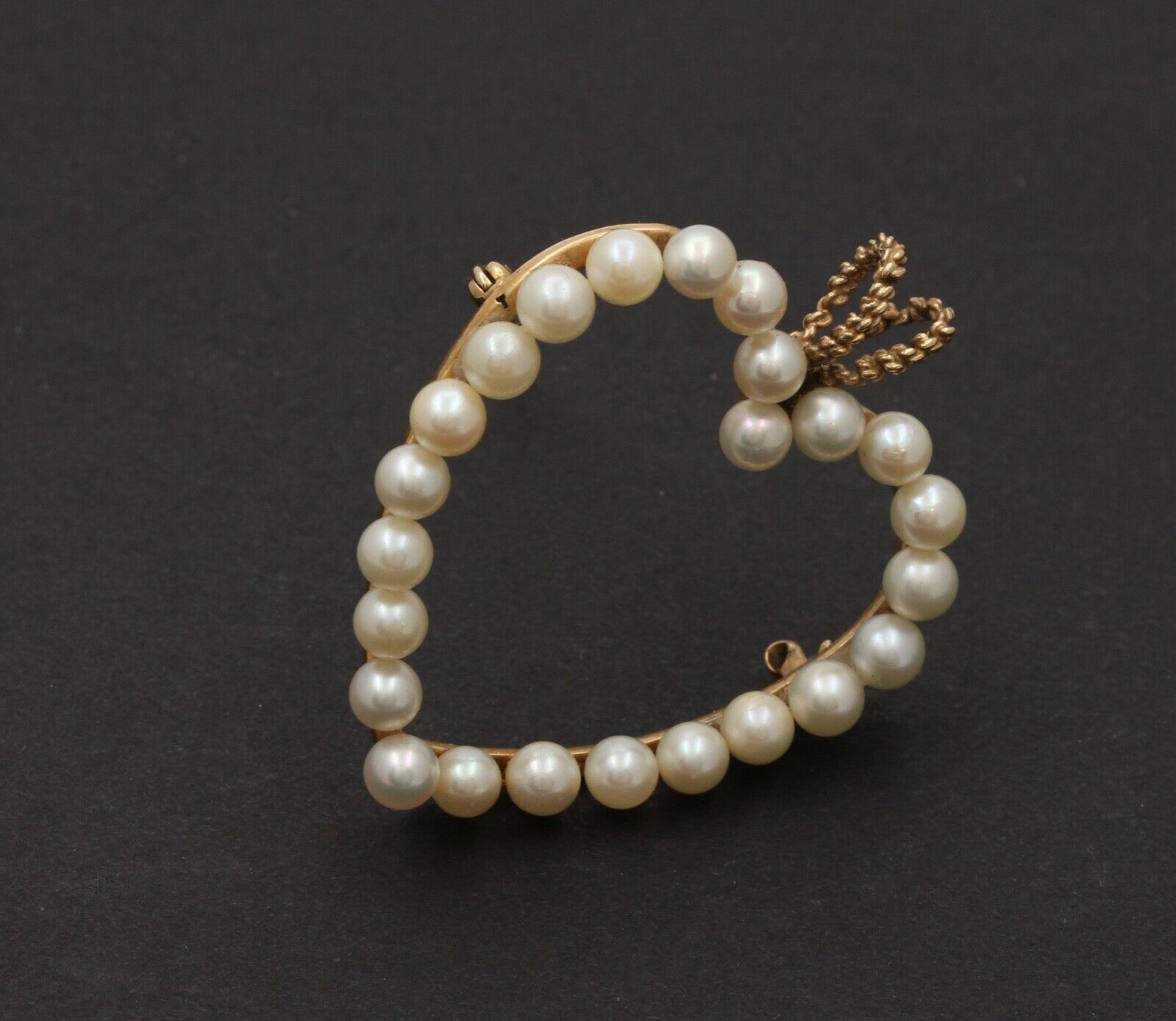 Vintage Heart 14K Yellow Gold Pearls Brooch Pendant