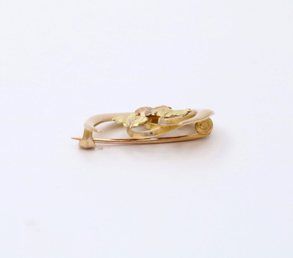 Antique Art Nouveau 10K Gold Leaf & Crescent Moon Pin. Antique Brooch.