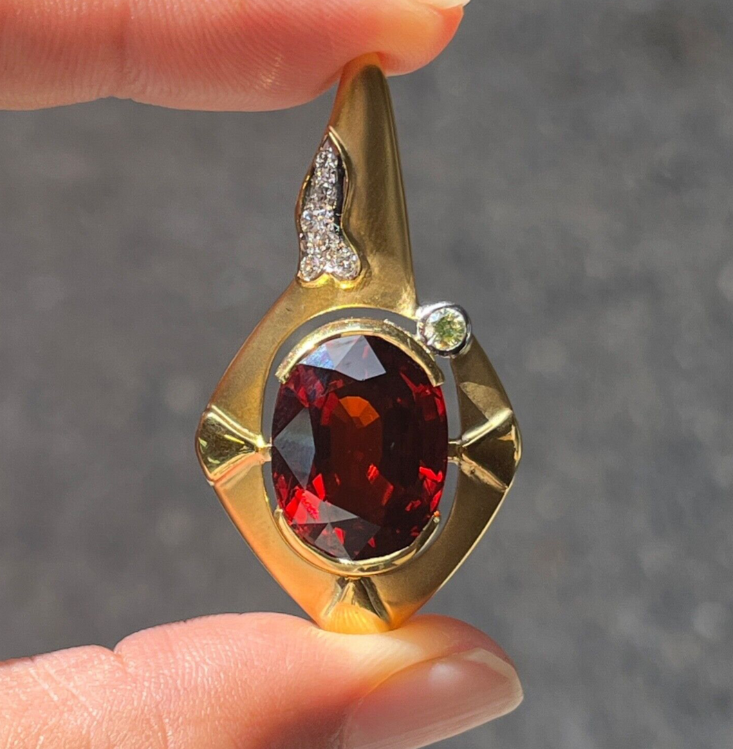 Vintage Funky 18K Gold Certified Large Spessartite Garnet & Diamond Pendant