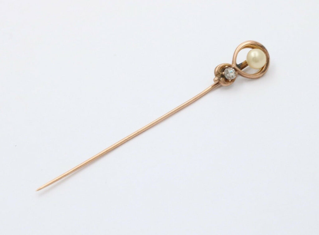 Victorian Diamond Pearl 14K Yellow Gold Stick Pin