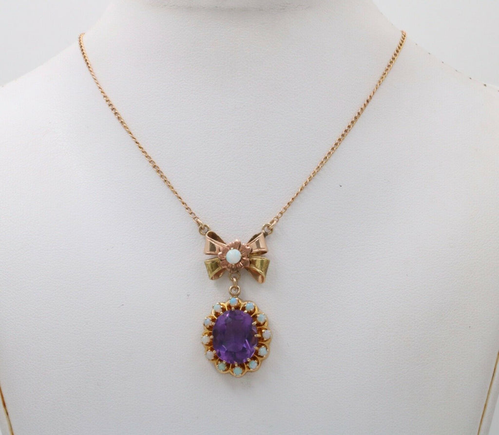 Vintage Bow Amethyst Opals 10K Yellow Gold Pendant and Chain